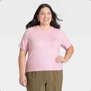 A New Day Womens 3X Pink Short Sleeve Crewneck Sweater Cashmere-Like New